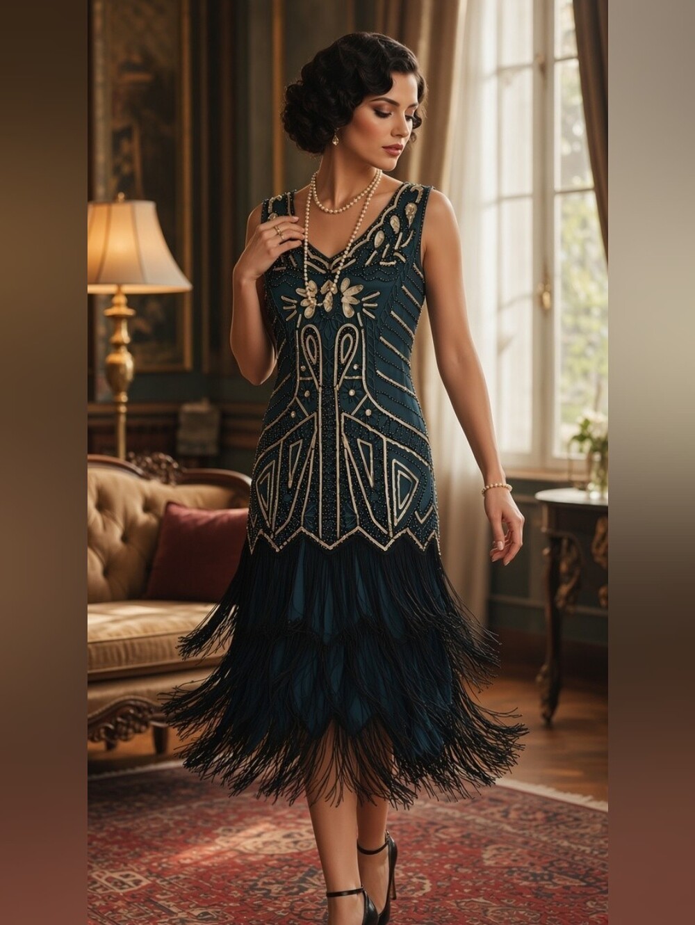 BABEYOND Teal Green Sequin Beaded Fringe Flapper Dress Gatsby Roaring 20s Sz S